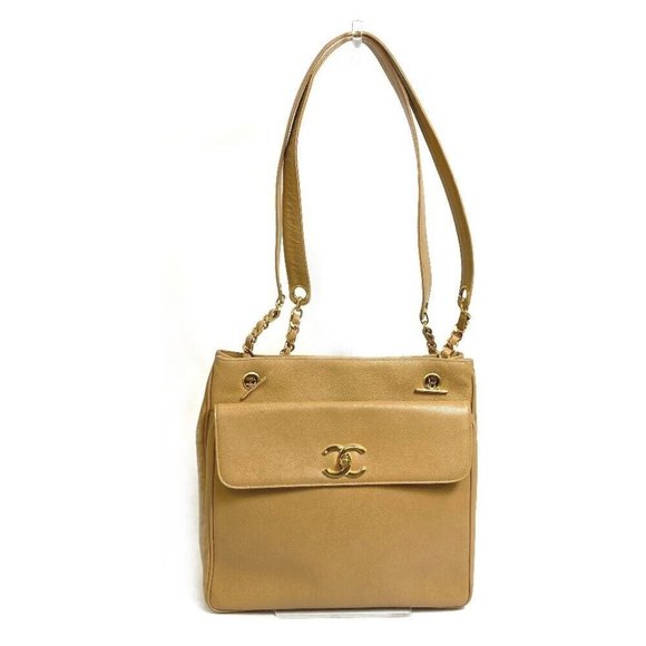Authentic CHANEL CC Chain Tote Bag Shoulder Bag Caviar Leather Beige/GoldHardwar - Picture 1 of 12